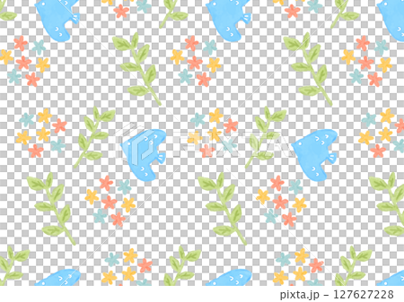 鳥類、花朵和樹葉的溫馨背景插圖 127627228