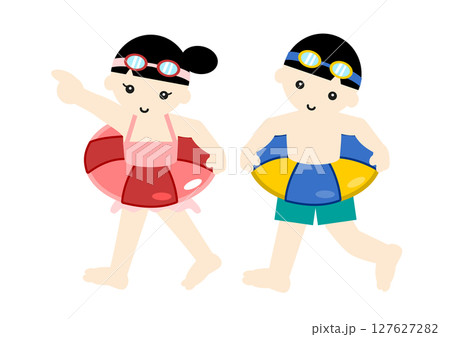 浮き輪をつけて歩くアジア人の男の子と女の子 127627282