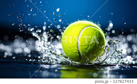 tennis ball on a green court and floating on water, ready for sport and play 127627433