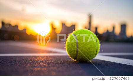 tennis ball isolated on a green court at sunset, ready for play 127627463
