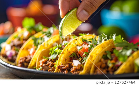 Delicious grilled or fried chicken meals with colorful vegetables, rice, or salad on a plate 127627464