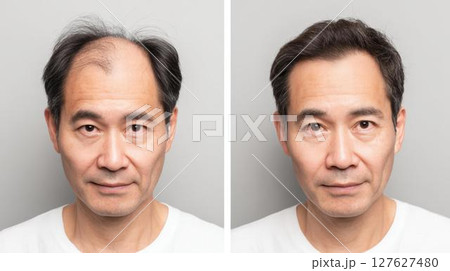 薄毛治療でフサフサの髪を取り戻した男性のビフォーアフター 127627480
