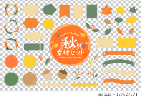 秋のフレームや飾りの素材のセット　あしらい　ふきだし　装飾　リボン　イラスト　シンプル　紅葉 127627571