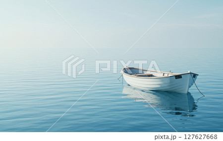 波のない静かな青い海面と、孤独に浮かぶ一艘の舟 127627668