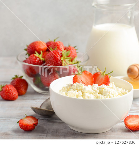 Fresh cottage cheese with fresh strawberries, healthy breakfast concept, selective focus, copy space Fresh cottage cheese with fresh strawberries, healthy breakfast concept, selective focus, copy space 127627830