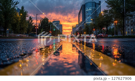 雨上がりの夕暮れの風景	 雨上がりの夕暮れの風景	 127627906