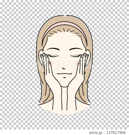 女人在做皮膚護理，雙手放在臉頰上 127627966