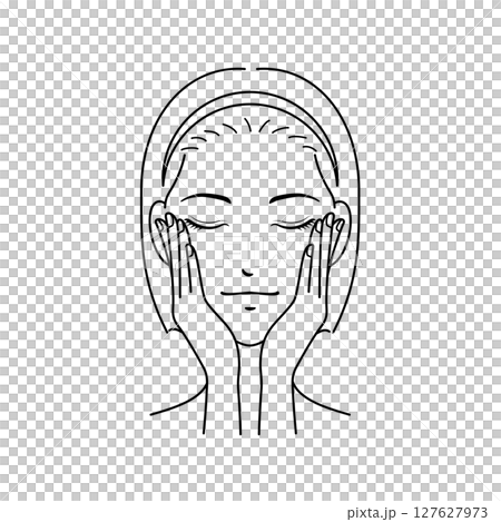 一位短髮女子雙手放在臉頰上進行皮膚護理 一位短髮女子雙手放在臉頰上進行皮膚護理 127627973