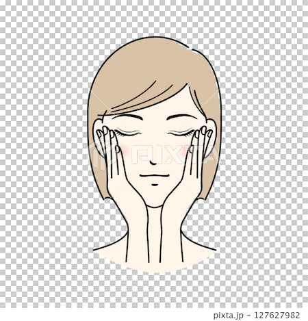 A woman with short hair doing skin care, hands on cheeks A woman with short hair doing skin care, hands on cheeks 127627982