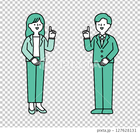 A simple full-body illustration of a smiling business person explaining something 127628131