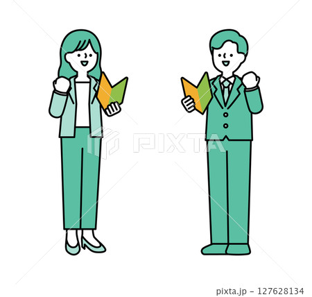 初心者マークを持ってガッツポーズをするビジネスパーソンの全身イラスト素材 初心者マークを持ってガッツポーズをするビジネスパーソンの全身イラスト素材 127628134