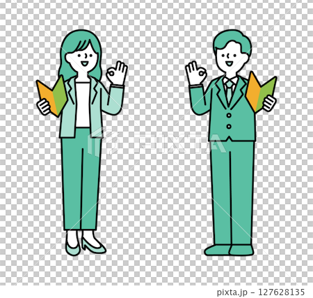 Full-body illustration of a business person holding a beginner's mark and posing positively Full-body illustration of a business person holding a beginner's mark and posing positively 127628135
