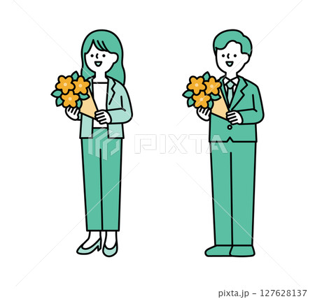 花束を持っている笑顔のビジネスパーソンの全身イラスト素材 花束を持っている笑顔のビジネスパーソンの全身イラスト素材 127628137