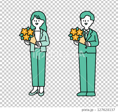 一位面帶微笑、手捧花束的商務人士的全身插畫 127628137