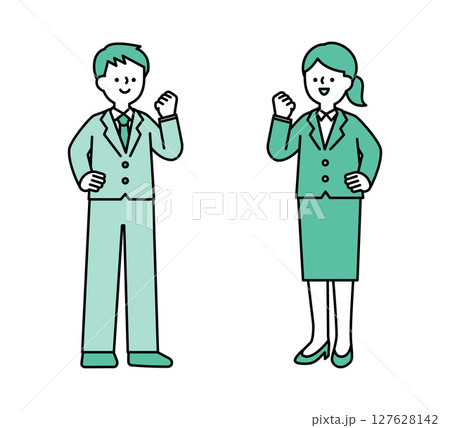 ガッツポーズをしているビジネスパーソンの全身イラスト素材 127628142