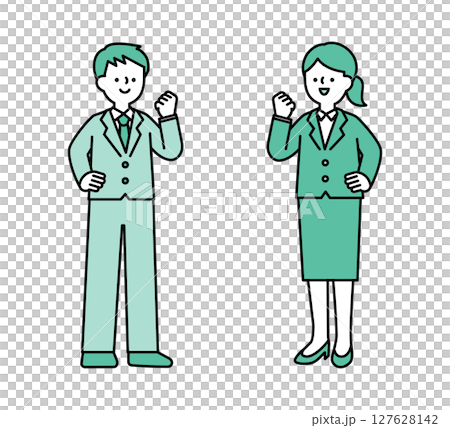 ガッツポーズをしているビジネスパーソンの全身イラスト素材 127628142