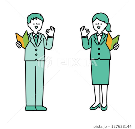 初心者マークを持ってポジティブなポーズをとるビジネスパーソンの全身イラスト素材 127628144