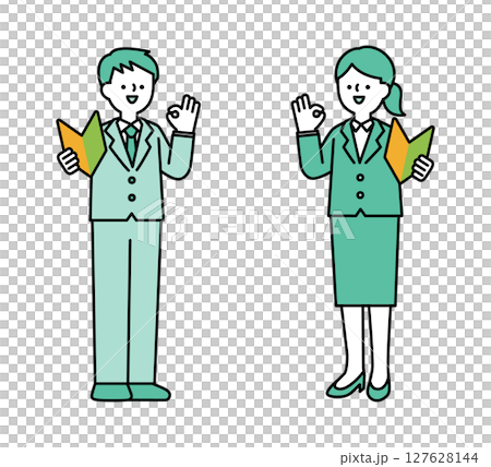 一位商務人士手持初學者標記並擺出積極姿勢的全身插圖 一位商務人士手持初學者標記並擺出積極姿勢的全身插圖 127628144