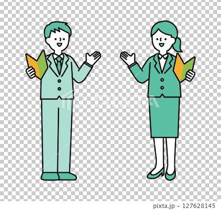 Full-body illustration of a smiling business person talking while holding a beginner's mark Full-body illustration of a smiling business person talking while holding a beginner's mark 127628145