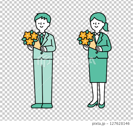 一位面帶微笑、手捧花束的商務人士的全身插畫 127628146