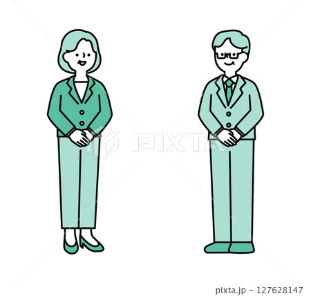 笑顔のミドル・シニア世代ビジネスパーソンのシンプルな全身イラスト素材 127628147