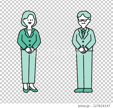 笑顔のミドル・シニア世代ビジネスパーソンのシンプルな全身イラスト素材 127628147