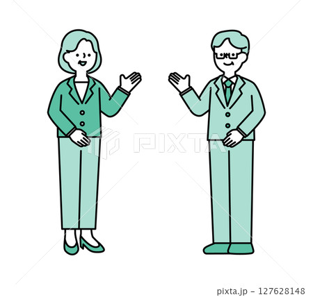 笑顔で話すミドル・シニア世代ビジネスパーソンのシンプルな全身イラスト素材 127628148