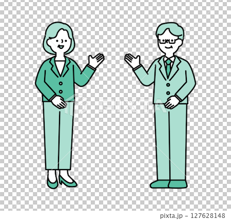 笑顔で話すミドル・シニア世代ビジネスパーソンのシンプルな全身イラスト素材 127628148