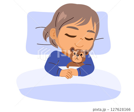 Vector illustration of baby boy sleeping with teddy bear in bed Vector illustration of baby boy sleeping with teddy bear in bed 127628166