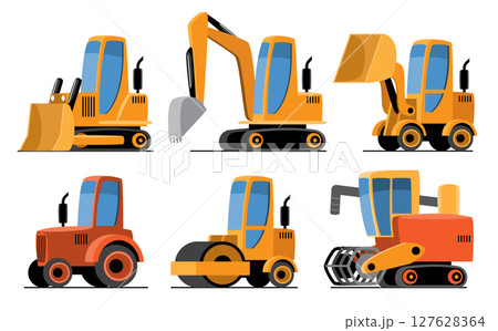 Industrial or Construction Vehicles set cartoon illustration included Wheel Loader, Excavator, Backhoe, Bulldozer, Road Roller, Skid Steer Loader . Flat design . Isolate on white background . Vector . Industrial or Construction Vehicles set cartoon illustration included Wheel Loader, Excavator, Backhoe, Bulldozer, Road Roller, Skid Steer Loader . Flat design . Isolate on white background . Vector . 127628364