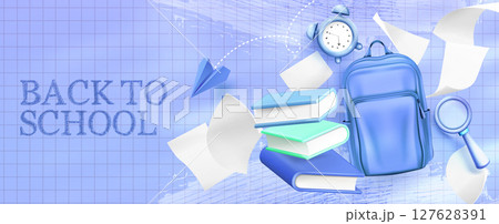3d back to school scene with blue backpack 3d back to school scene with blue backpack 127628391