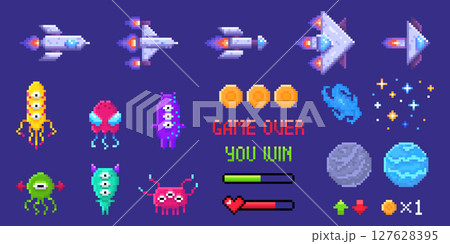 Retro pixel space invader game assets Retro pixel space invader game assets 127628395