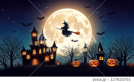満月のハロウィンの夜に空を飛ぶ魔女と光るカボチャのジャック・オー・ランタンたち 127628701