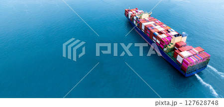 Aerial view container cargo ship freight shipping international, Global business freight shipping import export logistic transportation container ship, Container cargo ship sea freight container ship. 127628748