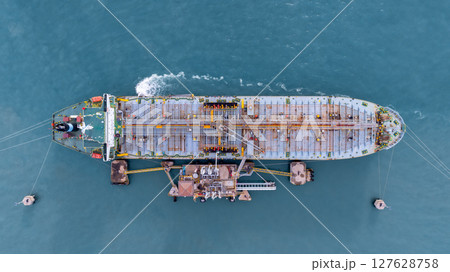 Aerial view Oil product tanker ship freight shiiping oil and gas, Global business freight shipping import export logistic transportation oil product tanker ship, Sea freight oil product tanker ship. 127628758