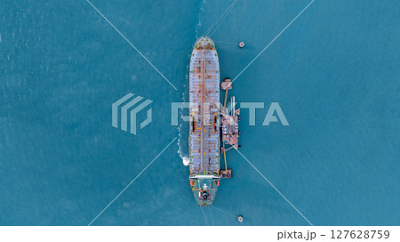 Aerial view Oil product tanker ship freight shiiping oil and gas, Global business freight shipping import export logistic transportation oil product tanker ship, Sea freight oil product tanker ship. 127628759