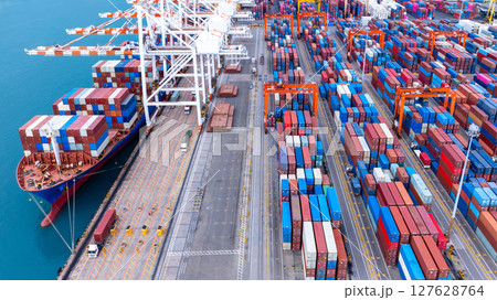 Container cargo ship at international industrial port, Global business import export transportation logistic continer cargo by container cargo ship, Sea fright shipping business industry, Cargo Container cargo ship at international industrial port, Global business import export transportation logistic continer cargo by container cargo ship, Sea fright shipping business industry, Cargo 127628764