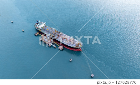 Aerial view Oil product tanker ship freight shiiping oil and gas, Global business freight shipping import export logistic transportation oil product tanker ship, Sea freight oil product tanker ship. 127628770
