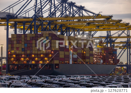 Container cargo ship freight shipping international at sea port, Global business freight shipping import export logistic transportation container ship, Container cargo ship sea freight container ship. 127628771