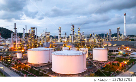 Oil refinery petrochemical plant at dusk illuminated storage tank industrial infrastructure, Oil refinery petrochemical product storage tank at oil refinery factory industry, Global energy refinery. 127628792