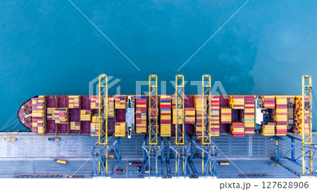 Aerial view container cargo ship freight shipping international, Global business freight shipping import export logistic transportation container ship, Container cargo ship sea freight container ship. Aerial view container cargo ship freight shipping international, Global business freight shipping import export logistic transportation container ship, Container cargo ship sea freight container ship. 127628906