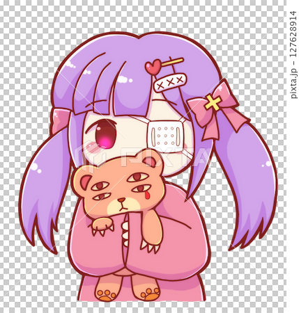 Girl with an eyepatch holding a creepy stuffed toy Girl with an eyepatch holding a creepy stuffed toy 127628914