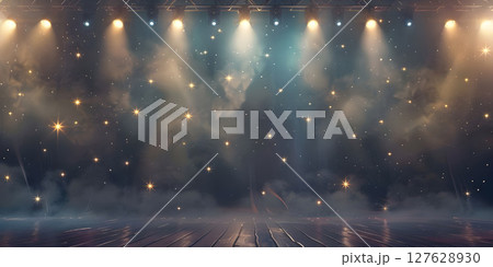 Starlit Stage: Spotlight Illumination Background, Stage Lights and Stars: Illuminated Performance Background - Ai Generated 127628930