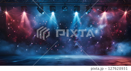 Starlit Stage: Spotlight Illumination Background, Stage Lights and Stars: Illuminated Performance Background - Ai Generated 127628931