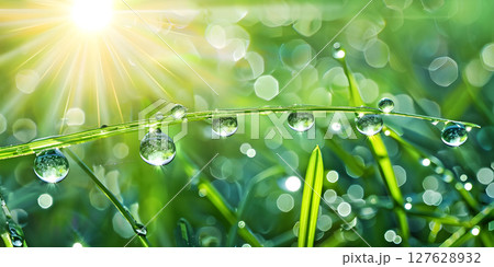 Water drops of dew with reflecting sun on stem of green grass background - Ai Generated 127628932