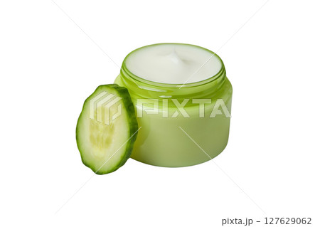 Green jar of cucumber cream, slice, isolated on white, PNG 127629062