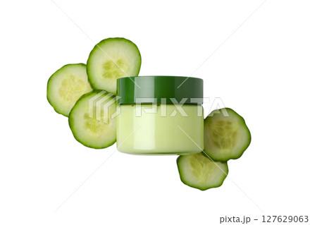 Cucumber-hued hydrating cream jar, isolated on white, PNG 127629063