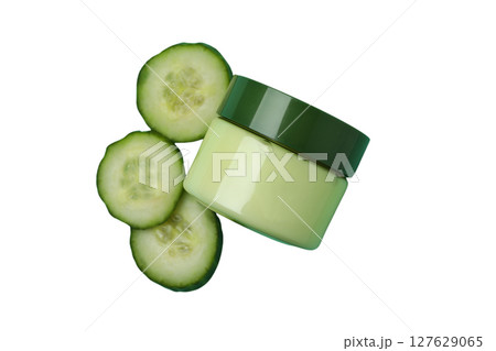 Cucumber cream with fresh slices, isolated on white, PNG Cucumber cream with fresh slices, isolated on white, PNG 127629065