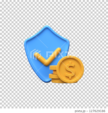 Financial savings insurance. 3d dollar coins with shield 127629186