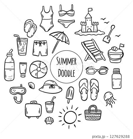 An Exciting and Vibrant Summer Travel Fun Icons Collection. Vacation doodles elements in cartoon style 127629288